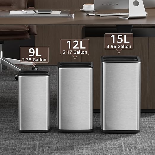 Mbillion 2.4 Gal (9L) Stainless Steel Open - Top Trash Can with Removable Inner Bucket - Sleek Metal Small Waste Basket for Bathroom Office, Brushed Steel