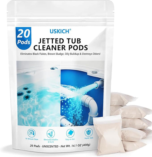 USKICH Jetted Tub Cleaner Bathtub- 20 Pods Jet Bathtub Cleaner,Jetted Tub Cleaning Solution Compatible with Spa Bath & Whirlpool,Septic Safe Bath Jet Scale and Residue Remover-1＋Year Supply