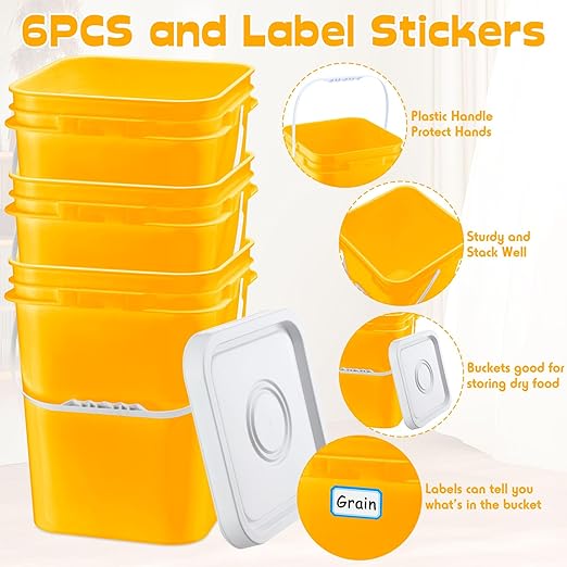 Vesici 6 Pcs 5 Gallon Food Grade Square Buckets with Lids 5 Gal Plastic Food Storage Square Bucket Heavy Duty Industrial Pail Container with DIY Label Stickers Handles for Water Painting(Yellow)