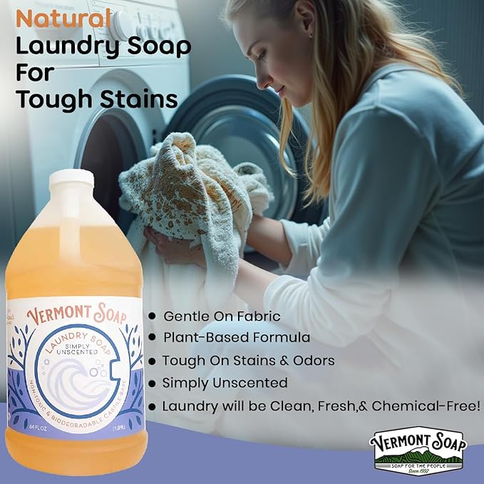 Vermont Soap Laundry Detergent, Laundry Soap, Natural Laundry Detergent Liquid, Baby Detergent, washing — Simply Unscented, 64 Fl Oz