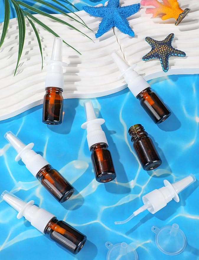 10 Pcs Nasal Spray Bottle, 5ML/0.17OZ 6 Pcs Brown Fine Mist Glass Empty Refillable Nasal Spray Bottle with 2 Pcs Funnels and 2 Pcs Labels