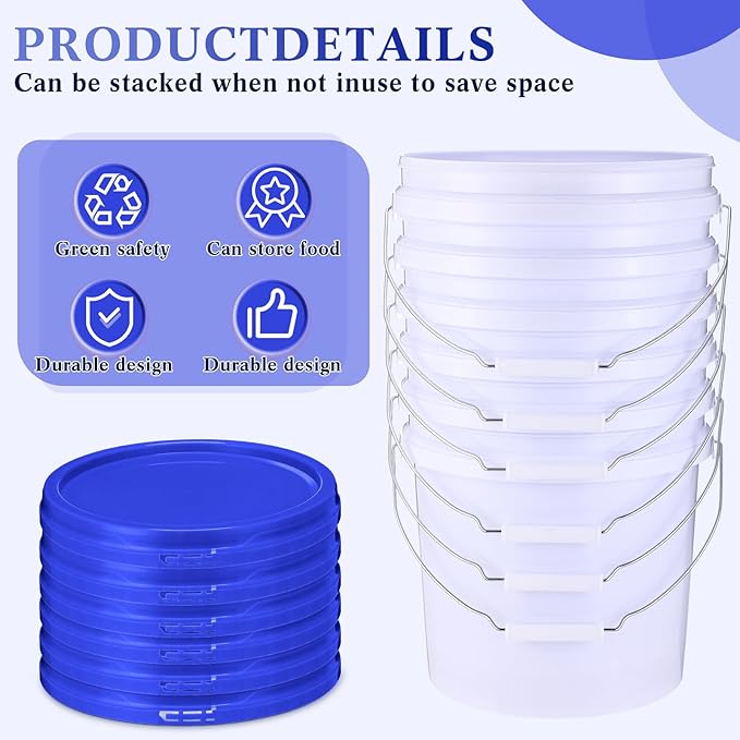 6 Pack 2 Gallon Plastic Bucket with Lid Heavy Duty Pail with Metal Handle Reusable Small Multipurpose Paint Buckets Container for Food Storage(White)