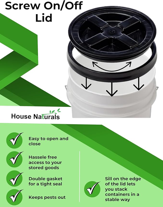 House Naturals 5 Gallon Food Grade BPA Free Made in USA Pails Gray Bucket with Screw On Air Tight Lid (3, Gray with Blue lids)