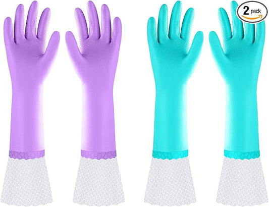 Elgood Reusable Long Dishwashing Cleaning Gloves with Latex Free, Long Cuff,Cotton Lining,Kitchen Gloves 2 Pairs,Purple+Blue Medium