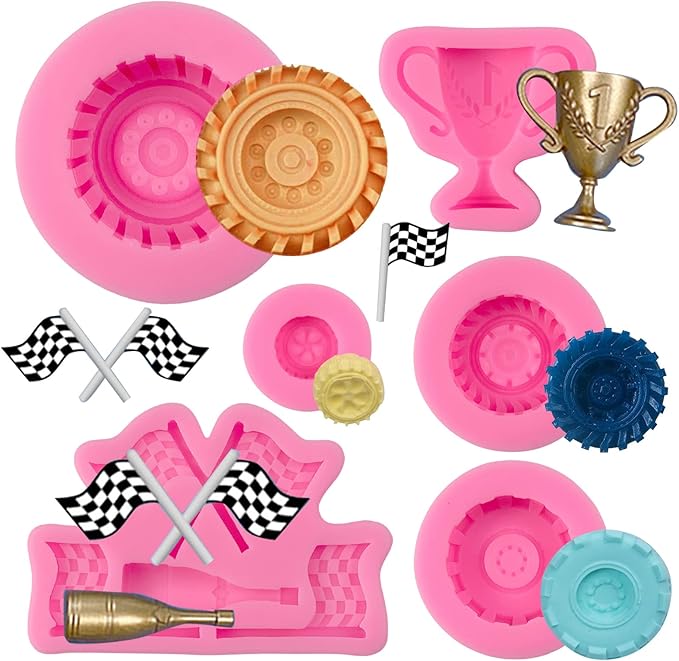 Race Car Silicone Molds, 3D Round Tire Fondant Mold, Truck Wheel Shape Silicone Mold, Racing Car Chocolate Candy Mold Baking Mold Cupcake Topper Decoration for DIY Boy Birthday Clay Resin Crafting