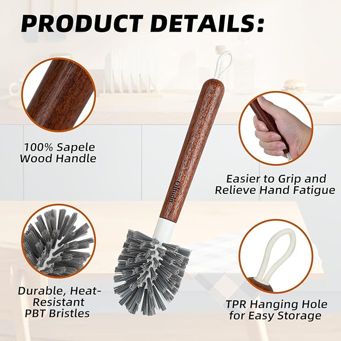4-Pack Heavy Duty Scrub Brushes with 11" Sapele Wood Handle – PBT Bristles & TPR Loop – Kitchen, Bathroom, Grout, Dish & Tile Cleaner – Durable Non-Slip Multi-Surface Cleaning Brush Set