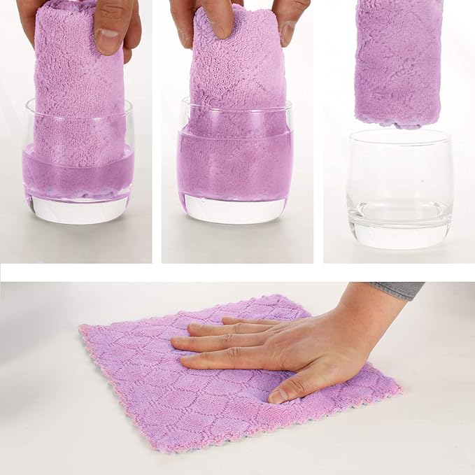 Cleaning Cloths Kitchen Towels Microfiber Washcloths Lint Free Dish Cloth Reusable Dishtowels Household Super Absorbent Fast Drying, 10"x10", Pack of 5 (Purple-Grey)