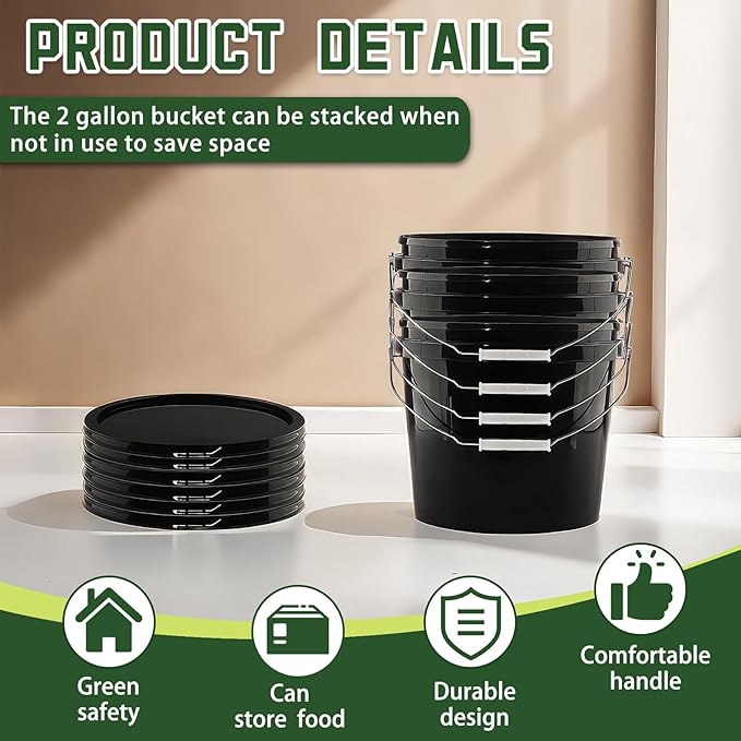 6 Pcs 2 Gallon Black Bucket with Lid and Handle, Large Plastic Storage Paint Pail Brine, Fermenting for Beer, Wine or Any Other Fermented Beverage