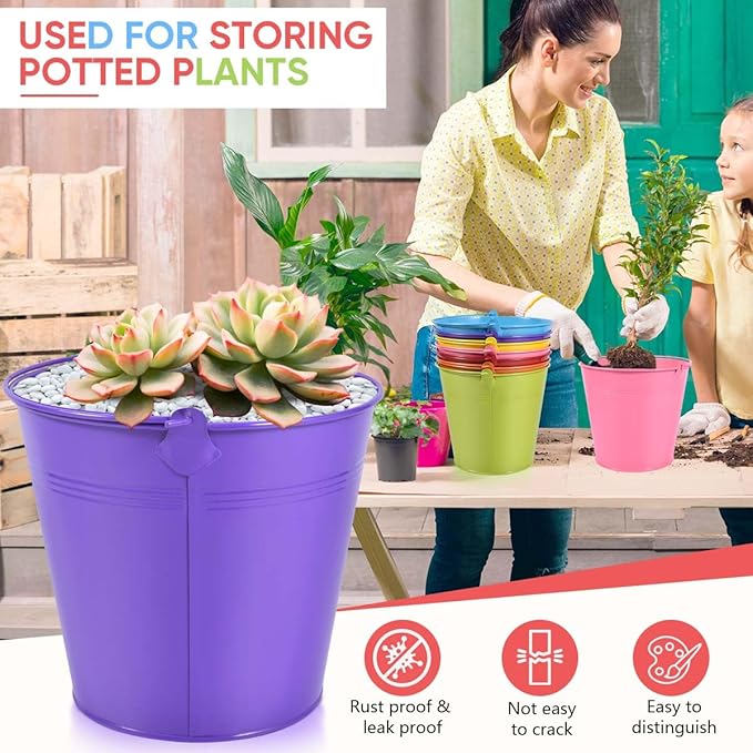 OBTANIM 7 Pack Colorful Metal Buckets with Handle Galvanized Ice Pails for Plants, Succulents, Party Favors Organizing, Rustic Home Decor or Classrooms Pencil Storage (7.1 x 5.2 inch)