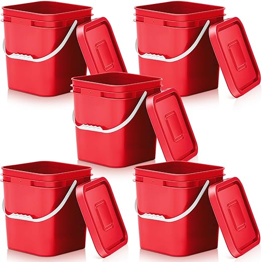 Mumufy 5 Pcs 3.5 Gallon Square Food Grade Bucket with Lid Square Bucket Pail with Plastic Handles for Storing Dry Food, Charcoal, Camping, Fishing (Red)