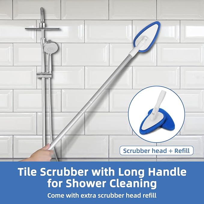 Qaestfy Shower Bathtub Tub and Tile Scrubber Brush with 51'' Adjustable Long Handle Cleaning Brushes Lock in Place Scrub Brush Head for Bathroom Wall Floor Scrubbing Model QAE008