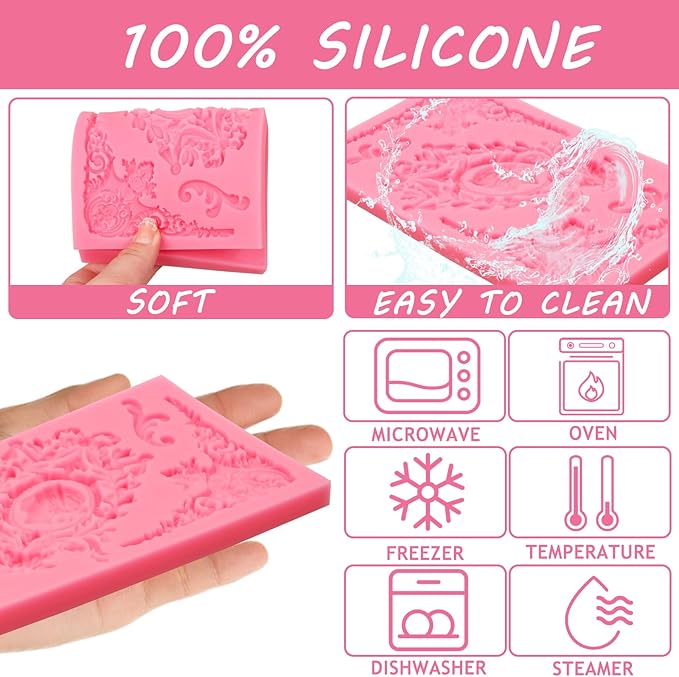 Vintage Baroque Frame Silicone Mold, Victorian Ornate Corner Decorative Mold for Cake Decorating, Pink