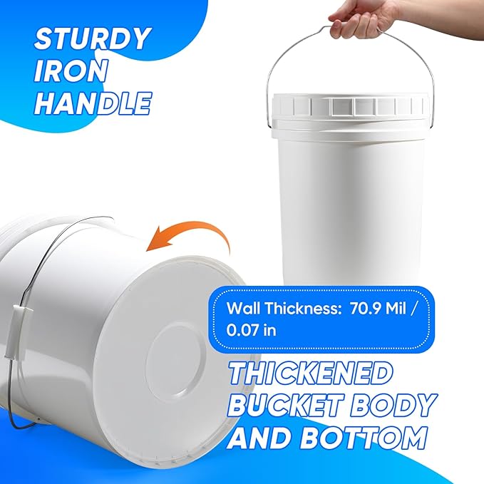 DEMORA 5 Gallon Food Grade Bucket with Screw Lid, Heavy Duty Plastic Buckets Containers for Food Storage, Plastic Pail with Metal Handle for Water Cleaning Paint Gardening, BPA Free (White, 3 Pack)