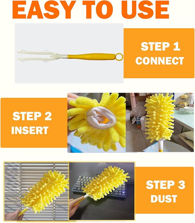 Reusable Duster for Swiffer, 4 Refills +1 Handle, 360 Heavy Duty Duster Refill Compatible with Swiffer Hand Dusters, for Dusting Furniture, Blinds, Ceiling Fans, Walls and More, Yellow