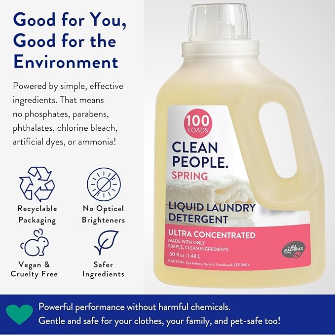 The Clean People Liquid Laundry Detergent - Recyclable Packaging, Stain Fighting - Ultra Concentrated, Laundry Soap - Spring Scent, 50 fl oz
