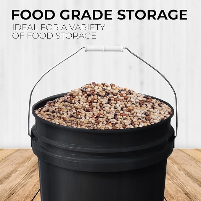 5-Gallon Black Bucket Pail with Gamma Seal Screw on Airtight Lid, Metal Handles with Plastic Grip for Easy Carrying, Easy Stack and Store, Heavy-Duty 90MIL Extra Durable, Food Grade, BPA Free - 5 Pack