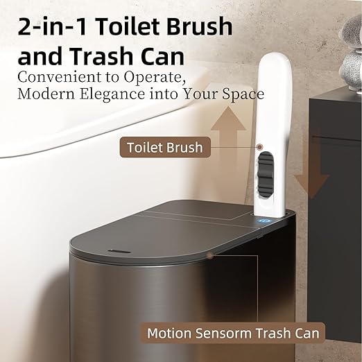 Bathroom Trash Can with Lid - Motion Sensor Smart Garbage Bin with Toilet Brush, 2 Gallon / 7L Small Automatic Trash Can, Odor-Control for Bathroom (Grey)