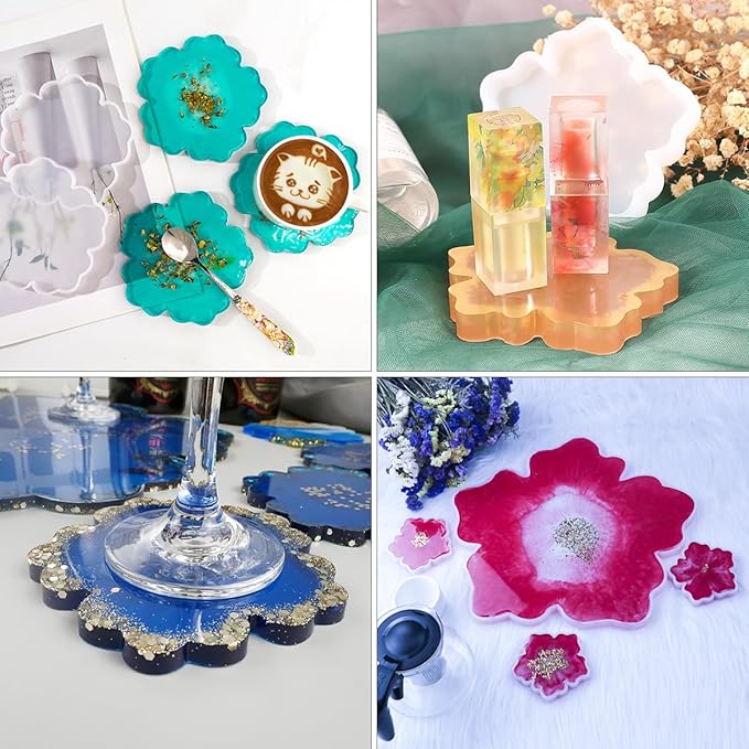 6 PCS Flower Silicone Resin Molds Large Resin Tray Mold Flower Shape Coaster Molds Flowers Shape Epoxy Casting Mold Cherry Blossom DIY Coaster Mould for Home Decoration