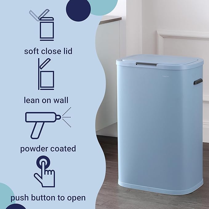 happimess HPM1017H Tammi Kitchen 14.5-Gallon Slim Metal Push Button Trash Can for Home, Kitchen, Laundry Room, Office, Bedroom, Bathroom, Tide Pool Blue