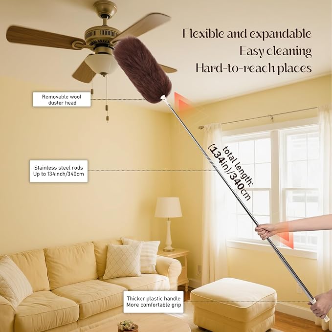 Extendable Lambswool Duster Stainless Steel Handle 133" Removable Feather Duster for Cleaning Ceiling Fans Interior Roof Furniture, Brown