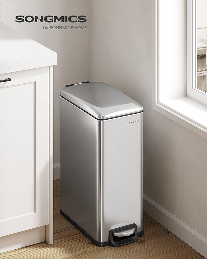 SONGMICS Slim Trash Can, 13-Gallon (50 L) Garbage Can for Narrow Spaces with Soft-Close Lid, Inner Bucket, and Step-on Pedal, Stainless Steel, 15 Trash Bags Included, Silver ULTB510E48