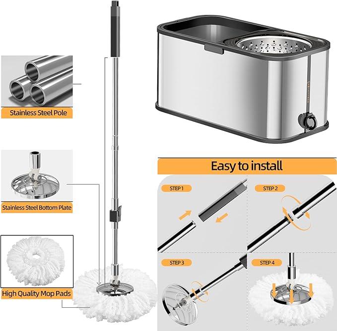 Spin Mop and Bucket with Wringer Set for Home,360° Mop and Bucket with Separate Clean and Dirty Water,Wet Dust Mop for Floor Cleaning with Extra Refills (Square Silver)