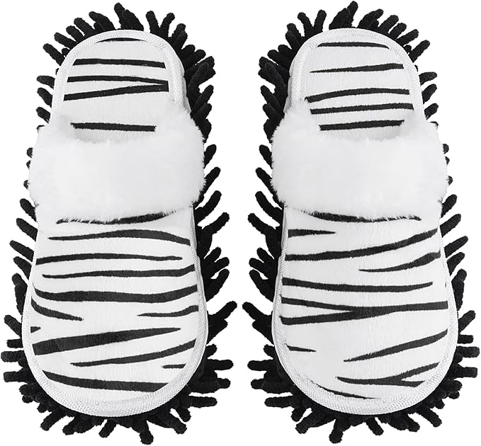Microfiber Floor Mop Slippers House Dust Cleaning Tool Detachable Washable Shoes for Kitchen House Cleaning (Women 7-10/Men 5-8, Zebra pattern)