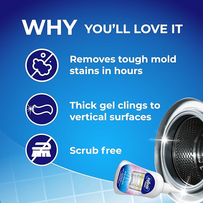 Mold Stain Remover Gel Cleaner Heavy Duty Cleaning Solution for Front Loader Washing Machine Seal, Bathroom Grout, Shower, Caulk - with 11.81" x 11.81" Purple Microfiber Cloth (7 fl oz)