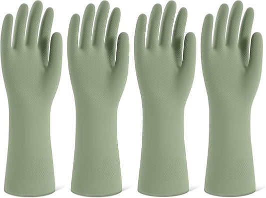 Rubber Cleaning Gloves for Dishwashing, 4 Pairs Reusable Kitchen Gloves for Washing Dishes and Household Cleaning, Green Dish Gloves with Flocked Lining and Non-Slip Grip, Pefect for Woman Men - M