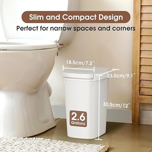 CEROELDA 3 Pack Bathroom Trash Can with Lid, 10L/2.6 Gal Small Garbage Can with Press Top Lid, Slim Plastic Waste Basket for Toilet, Office, Bedroom (Muti 1, 3 Pack)