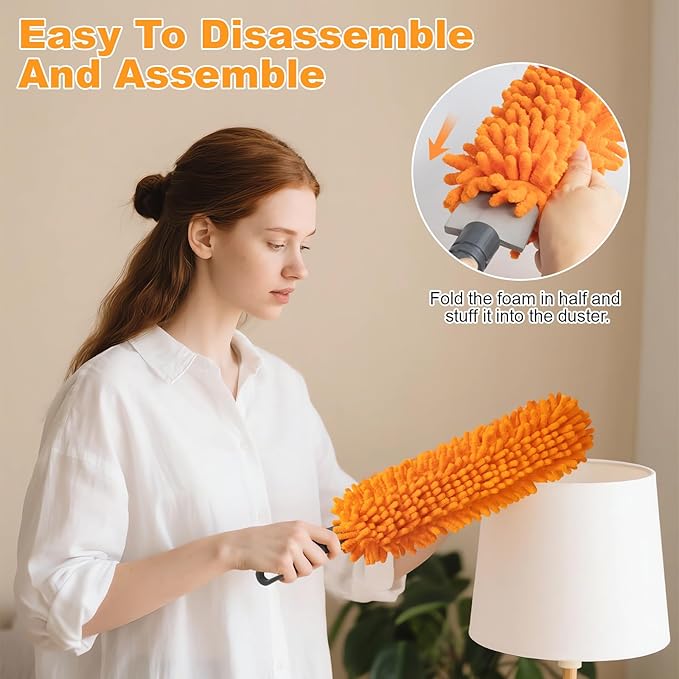 16'' Microfiber Duster with Long Handle,Reusable Detachable Head Duster for Car Interiors,Windows, Furniture, Electronics,Home