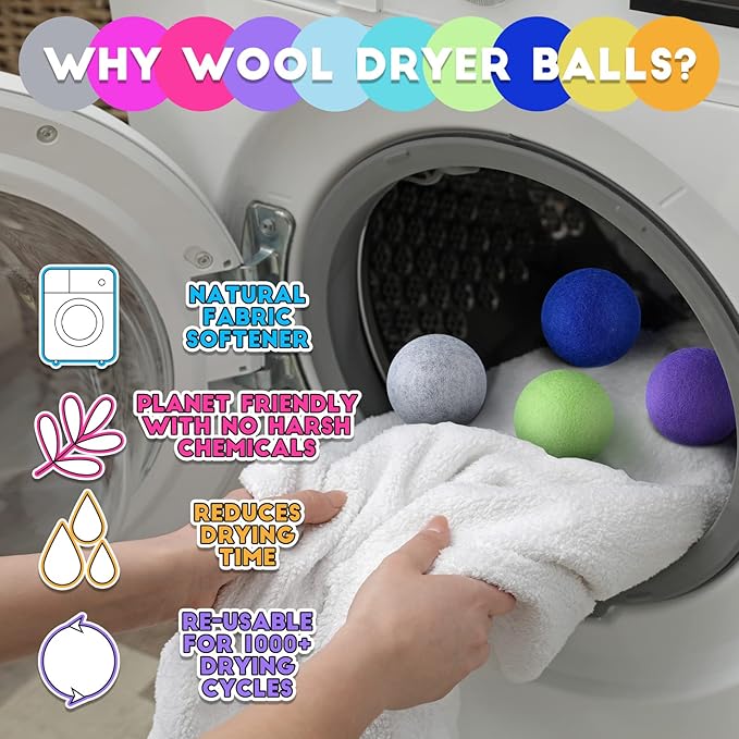 10 Pack Wool Dryer Balls XL 3 Inch Reusable Laundry Natural No Lint Fabric Softener Replaces Dryer Sheets Wool Balls for Reduce Wrinkles Save Drying Time
