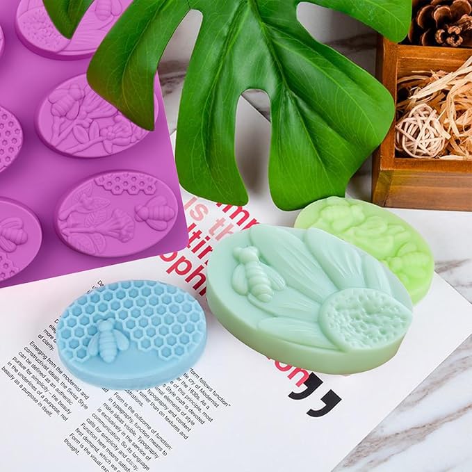 2PCS Oval Bee Silicone Soap Molds, 3D Honeycomb Shape Soap Molds, 6 Cavity Honeycomb Silicone Molds for Homemade Soaps, Beeswax, Resin, Bath Bomb, Cake, Chocolate, Bakeware (Purple)