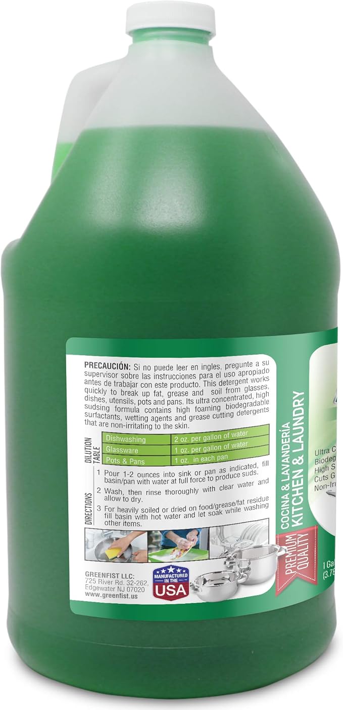 GreenFist Dish Soap Professional Detergent Liquid Pot & Pan Dish-Wash - Light or Heavy Use (Green Dish Soap 1 Gallon W/Sponge & Pump)