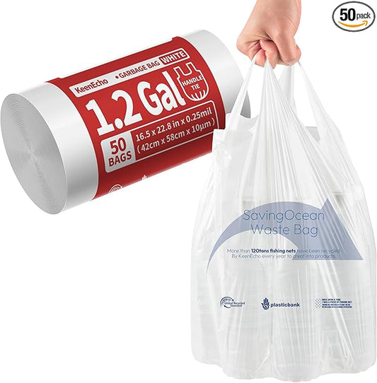 Small Trash Bags with Handles 1.2 Gallon 50 Count White - Ocean Plastic Upcycling - Plastic Garbage Bags, Can Bin & Waste Basket Liner for Kitchen, Bathroom, Office and Pets