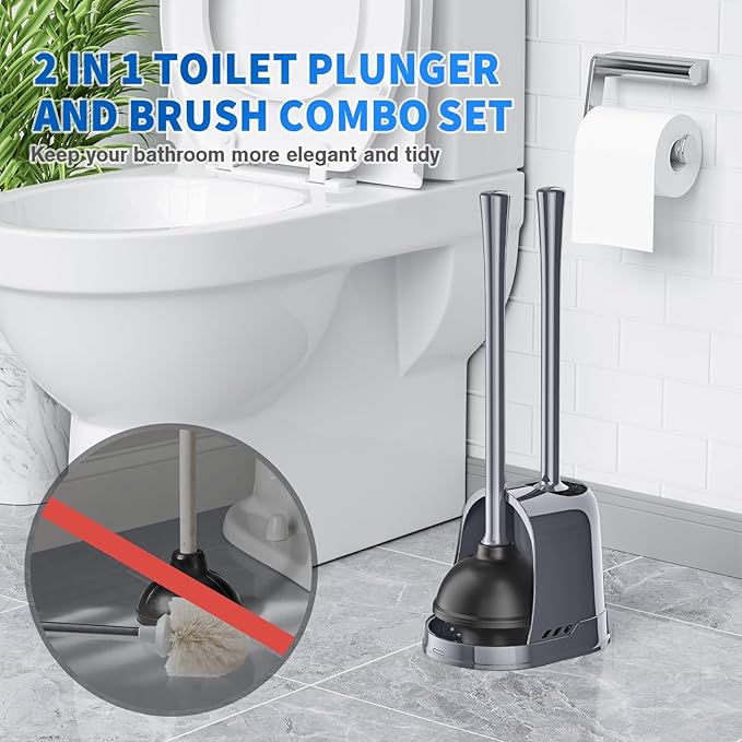 Toilet Plunger and Brush, Bowl Brush and Heavy Duty Toilet Plunger Set with Ventilated Holder, 2-in-1 Toilet Brush and Plunger Combo for 5.3-inch Toilet Drain Bathroom Cleaning (Gray, 1 Set)