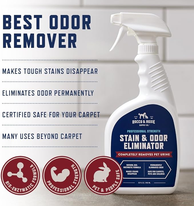 Rocco & Roxie Supply Co. Stain & Strong Odor Eliminator, Enzyme Cleaner, Pet Odor Eliminator for Home - Carpet Stain Remover for Cats & Dog Pee - Urine Destroyer - Carpet Cleaner Spray Clear, 32 Fl Oz