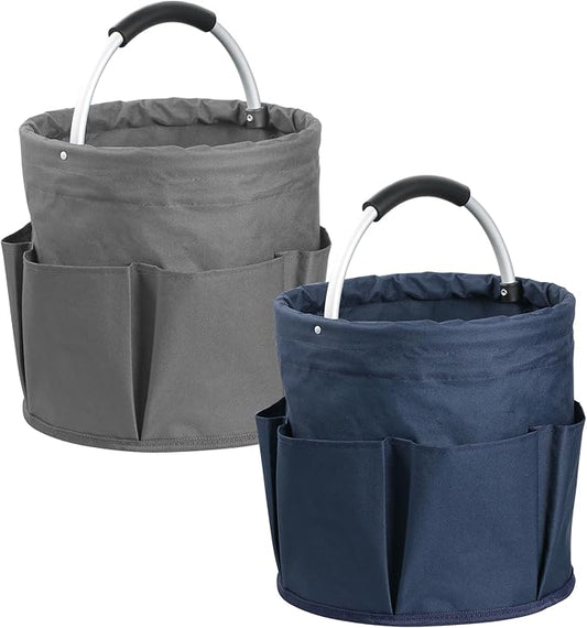 17L Cleaning Caddy for Cleaning Supplies, 2Pieces Portable Garden Tool Bag with 6 Pockets, Foldable Tool Bucket Organizer, Storage Basket for Bathroom, Garden, Dark Gray + Navy Blue