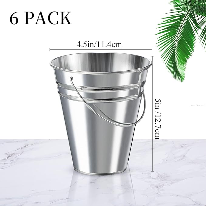 Sadnyy 6 Pack Galvanized Bucket, 5" Metal Bucket with Handles, Metal Buckets and Pails, Kids Party Supplies, Toy Container Table Centerpiece Decoration(Silver)