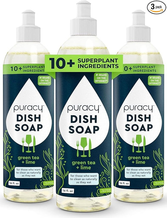 Puracy Natural Dish Soap Packs- Skin-Softening Plant-Based Dishwashing Soap, Non-Toxic Dish Soap, Organic Liquid Dishwashing Detergent Soap (Green Tea & Lime, 16 fl oz, 3 Pack)