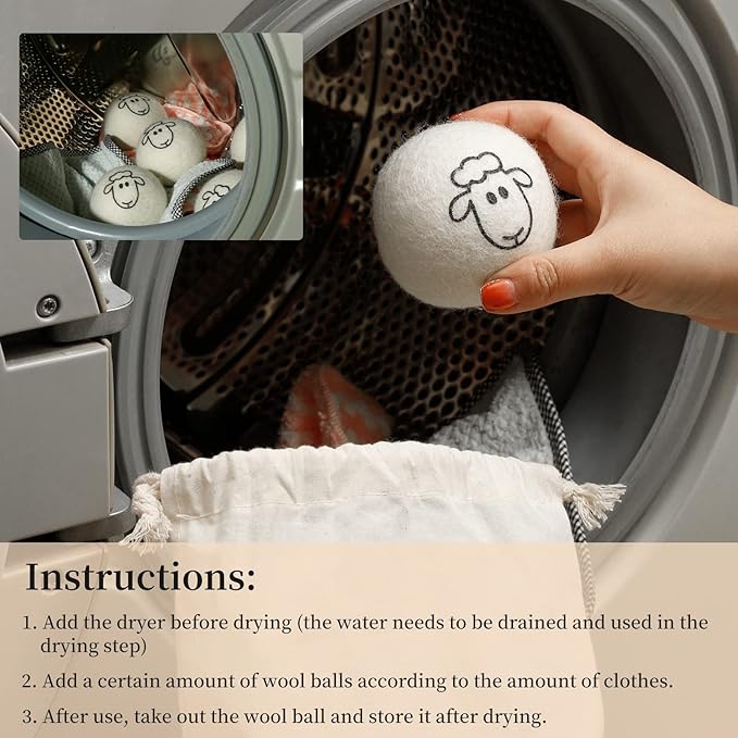 Dryer Balls Laundry Reusable, XL Wool Dryer Balls Cute, Fabric Softener Ball, Extra Large Dryer Balls with Animal Pattern, Shorten Drying Time, Organic Wool - Dry 1000+ Loads (6 Pack Sheep Pattern)