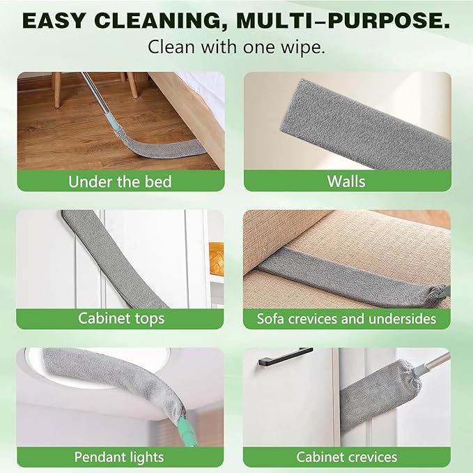 Retractable Gap Dust Cleaning Tool with 2 Microfiber Dusting Cloths,Flat Duster with Extension Pole,Extendable Microfiber Duster with Bendable & Removable Head,Reusable Washable Dusting Wand