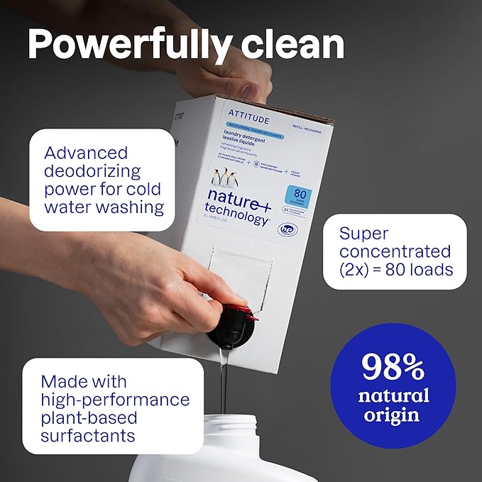 ATTITUDE Liquid Laundry Detergent Refill, EWG Verified, HE Compatible, Plant-Based & Vegan, Natural Laundry Soap, Lavender Scent, 80 Loads, 67.6 Fl Oz