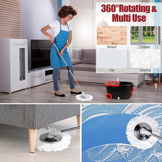 Mop and Bucket Set, 360° Spin Mop and Bucket with Wringer Set and 3 Microfiber Mop Refills, Stainless Steel 61'' Extended Handle Spinning Mop Bucket System for Floor Cleaning