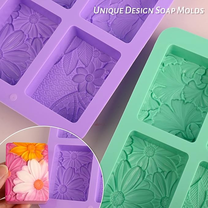 HUAKENER 2 Pack Silicone Soap Molds, Rectangle Soap Making Mold, 3D Rectangular Flower Pattern Silicone Molds for Handmade Soap, Bath Bombs, Candle, Chocolate