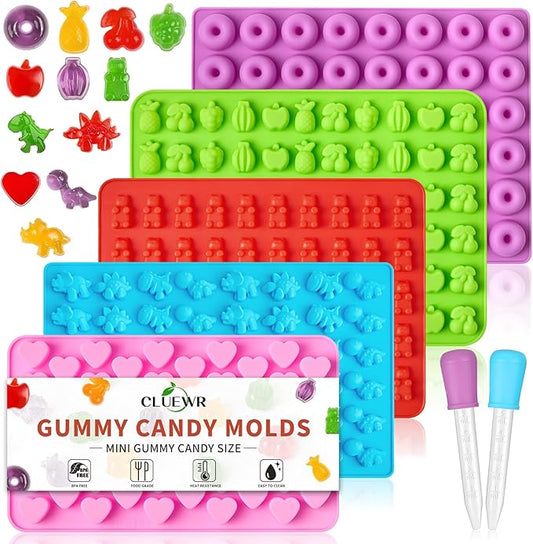 5 Pcs Mini Gummy Candy Molds with 2 Dropper, Silicone Bear Donut Dinosaur Fruit Snack Molds Non-stick and BPA Free Jello Candy Mold for Small Chocolate Gummies