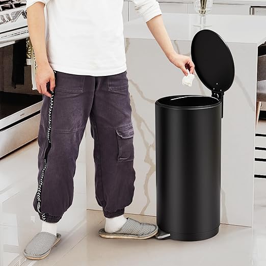 Garvee 8 Gallon Round Trash Can, 30L Modern Garbage Can with Soft Close Lid and Foot Pedal, Removable Inner Bucket for Living Room, Office, Bathroom, Kitchen, Black