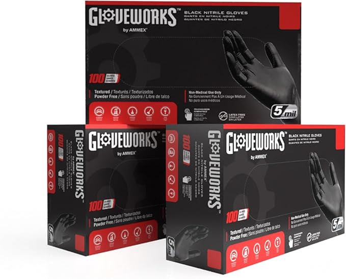 GLOVEWORKS Black Nitrile Gloves Disposable Latex Free, 5 Mil Industrial, For Mechanic, Cleaning, Cooking, Kitchen, Food Grade