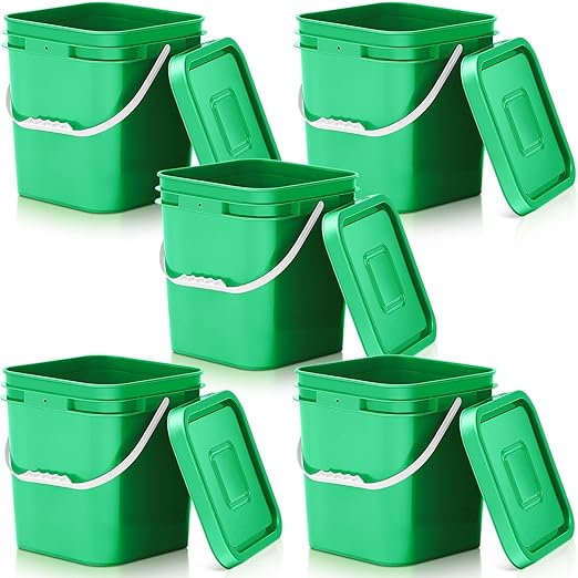 Mumufy 5 Pcs 3.5 Gallon Square Food Grade Bucket with Lid Square Bucket Pail with Plastic Handles for Storing Dry Food, Charcoal, Camping, Fishing (Green)