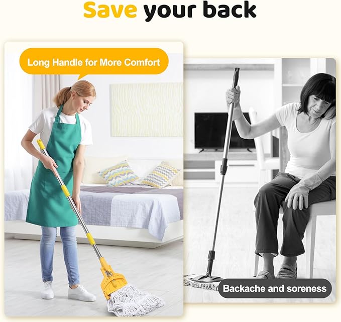 61 inch Mop Handle, Commercial Industrial Heavy Duty String Mop Floor Cleaner, Wet Mop with Long Adjustable Stainless Handle for Home, Garage, Office, Courtyard, Warehouse Floor Cleaning